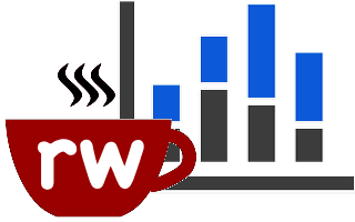 Logo: Red coffee cup with initials rw in front of a column chart